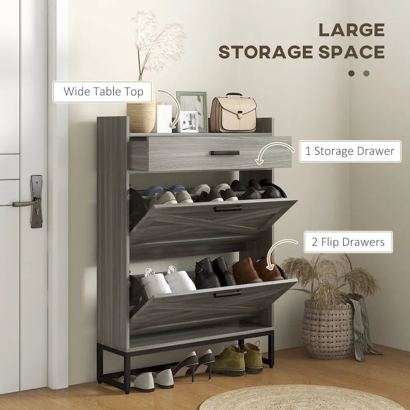 Narrow Shoe Cabinet, with 2 Flip Drawers, Adjustable Shelves and Top Drawer, Hidden Shoe Storage for 12 Pairs of Shoes