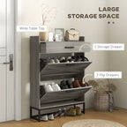 Narrow Shoe Cabinet, with 2 Flip Drawers, Adjustable Shelves and Top Drawer, Hidden Shoe Storage for 12 Pairs of Shoes