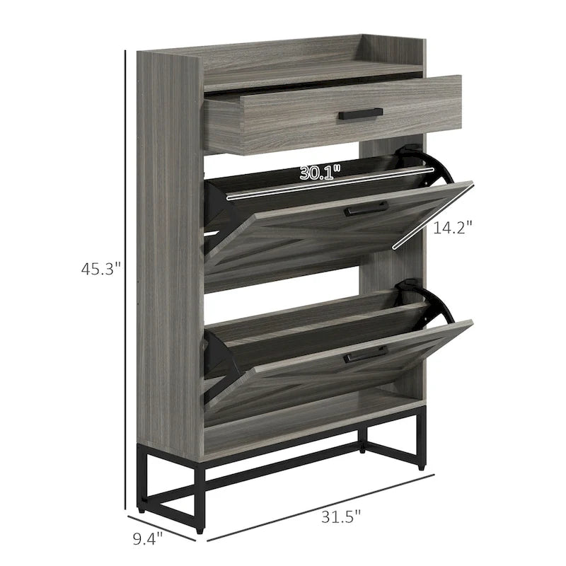 Narrow Shoe Cabinet, with 2 Flip Drawers, Adjustable Shelves and Top Drawer, Hidden Shoe Storage for 12 Pairs of Shoes