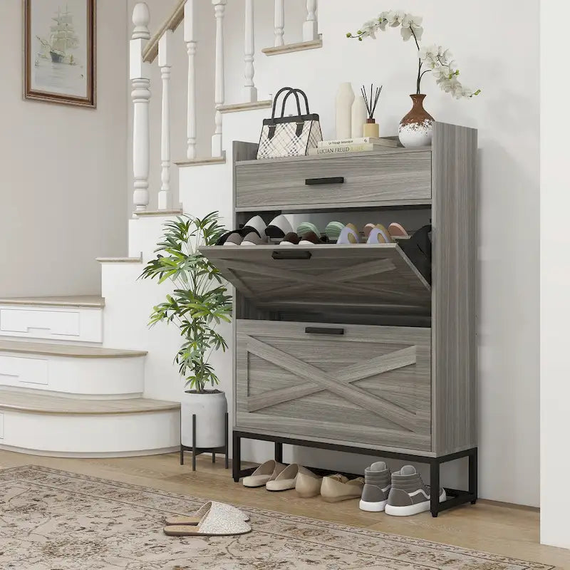 Narrow Shoe Cabinet, with 2 Flip Drawers, Adjustable Shelves and Top Drawer, Hidden Shoe Storage for 12 Pairs of Shoes