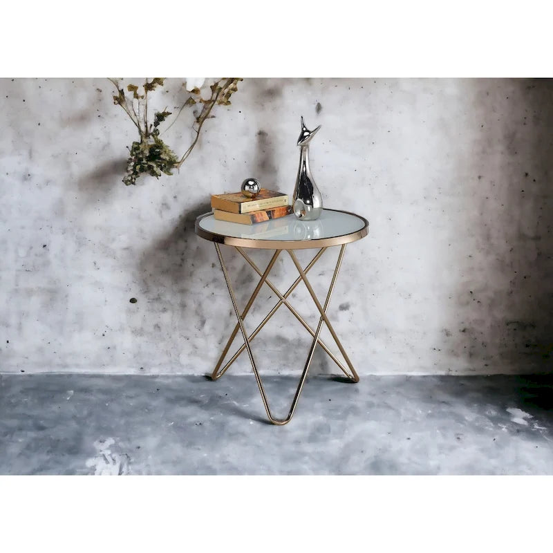Frosted Glass Top & Champagne Finish Round End Table, with  V -shaped Metal Base