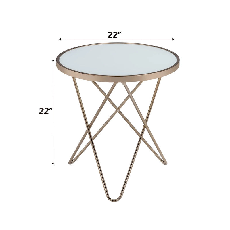 Frosted Glass Top & Champagne Finish Round End Table, with  V -shaped Metal Base