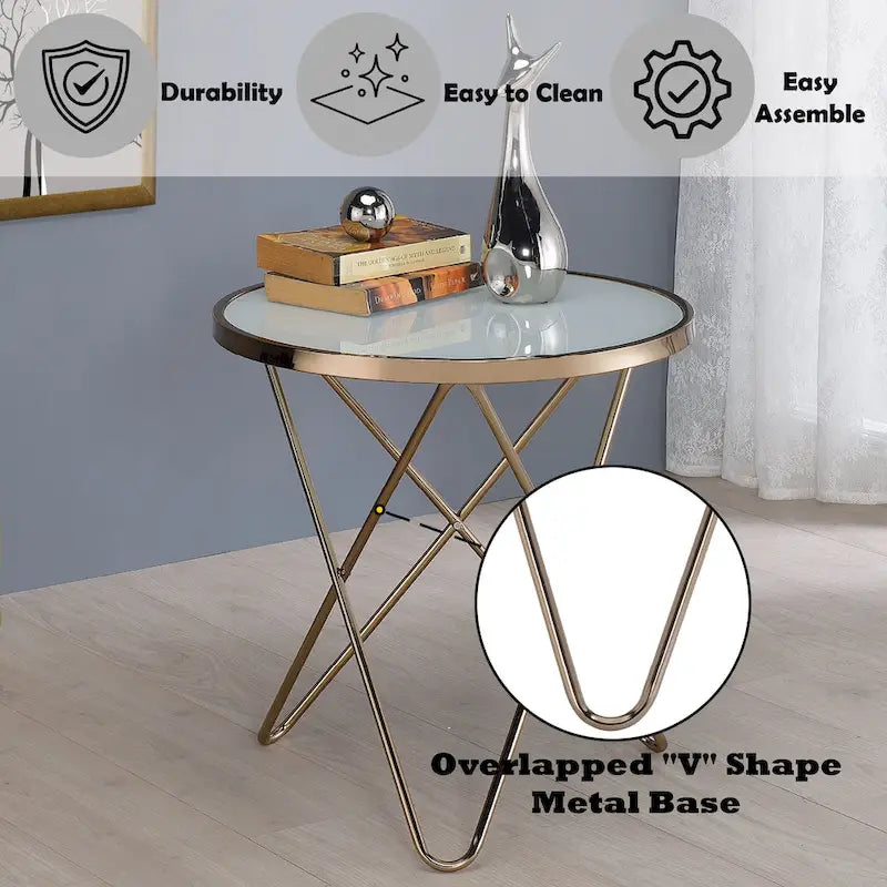 Frosted Glass Top & Champagne Finish Round End Table, with  V -shaped Metal Base