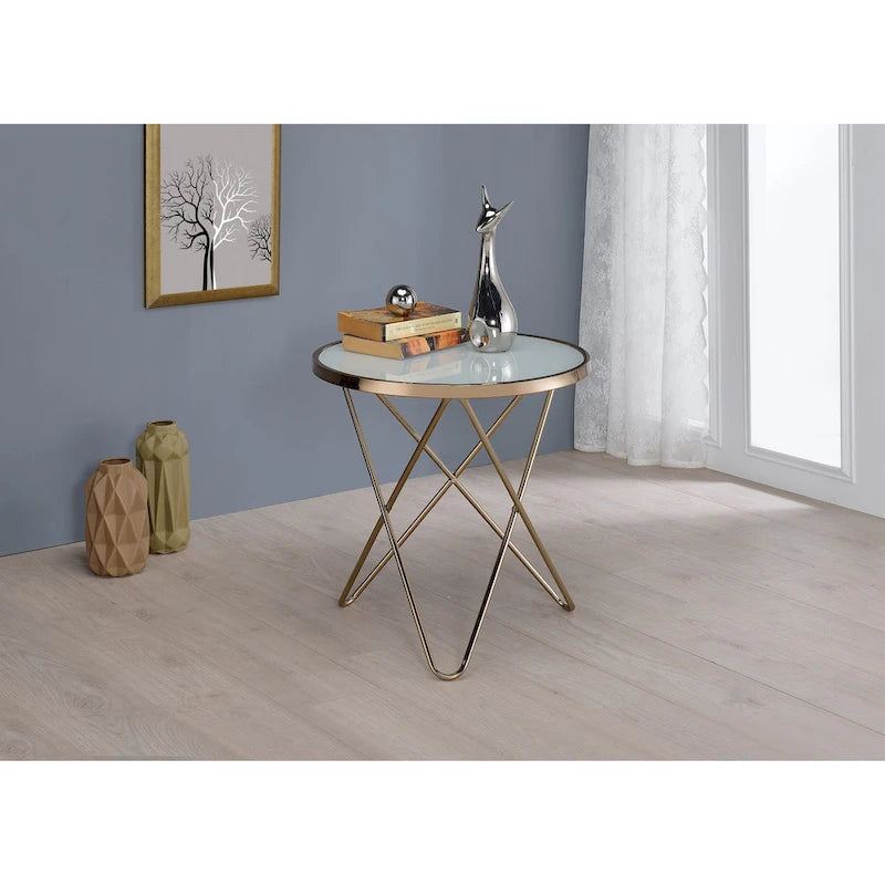 Frosted Glass Top & Champagne Finish Round End Table, with  V -shaped Metal Base