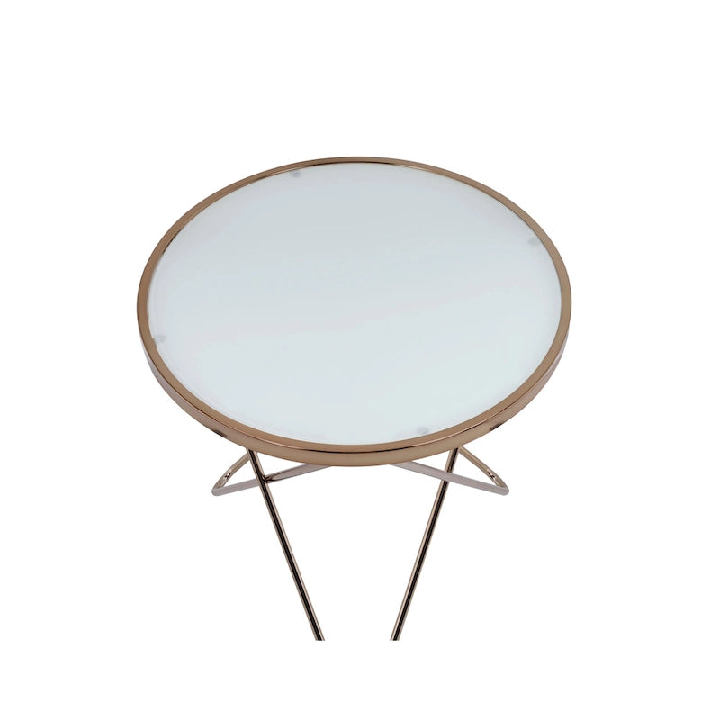 Frosted Glass Top & Champagne Finish Round End Table, with  V -shaped Metal Base