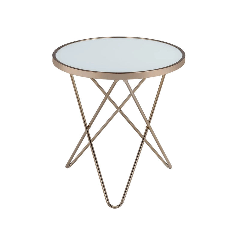Frosted Glass Top & Champagne Finish Round End Table, with  V -shaped Metal Base