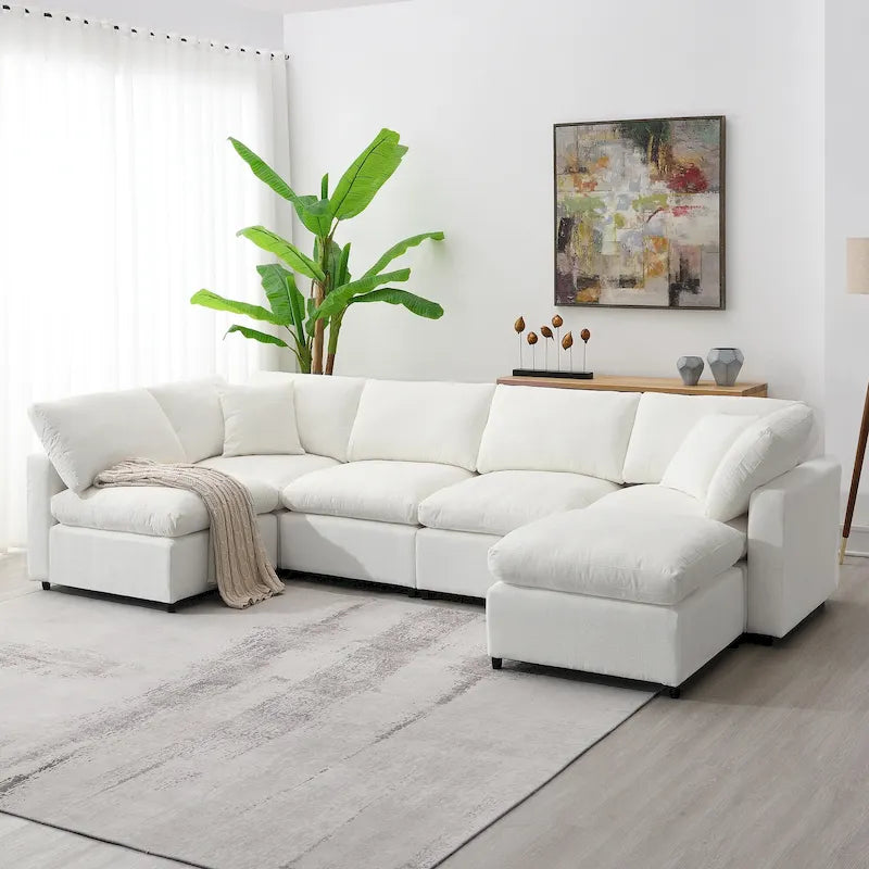 6 Seat Modern Modular Cloud Sofa Bed Chenille Sectional Couch Set with Ottoman