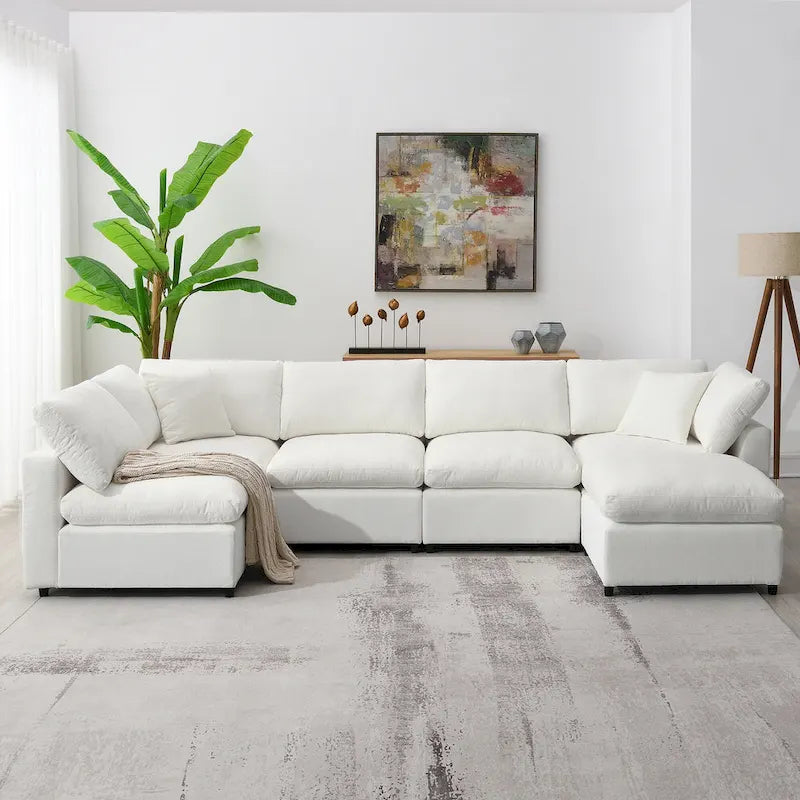 6 Seat Modern Modular Cloud Sofa Bed Chenille Sectional Couch Set with Ottoman