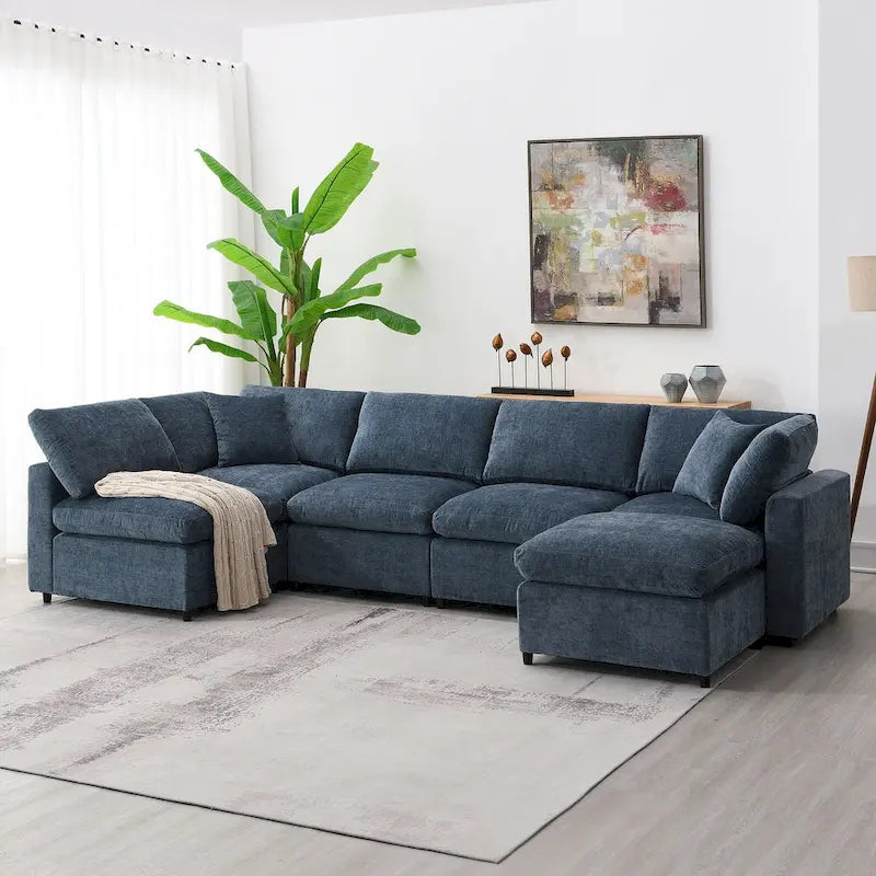 6 Seat Modern Modular Cloud Sofa Bed Chenille Sectional Couch Set with Ottoman