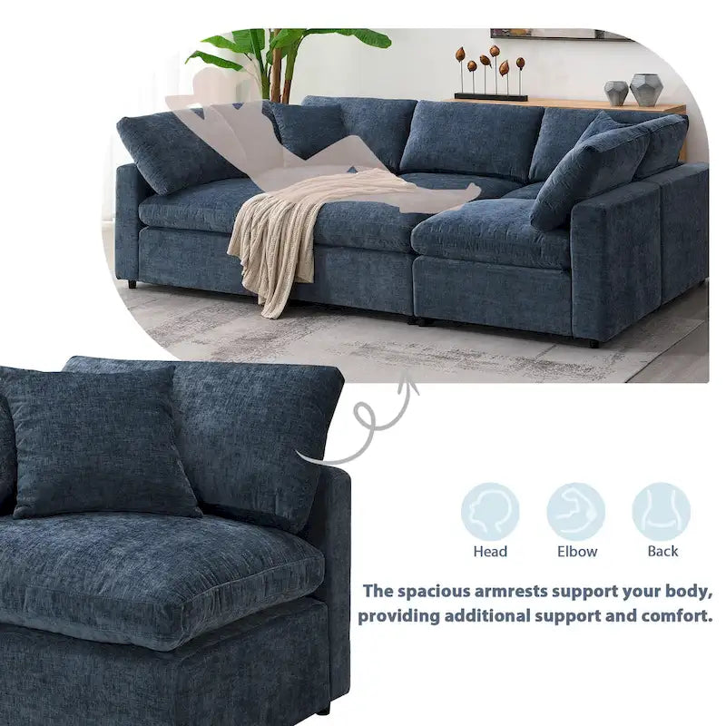 6 Seat Modern Modular Cloud Sofa Bed Chenille Sectional Couch Set with Ottoman
