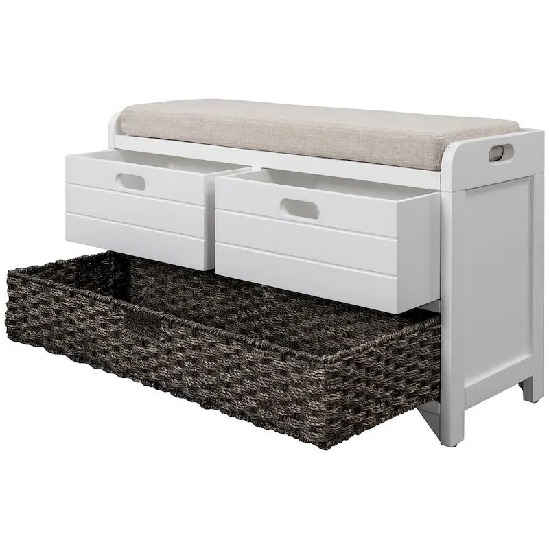32 Farmhouse Versatile Entry Upholstered Storage Bench with 2 Drawers and Removable Basket