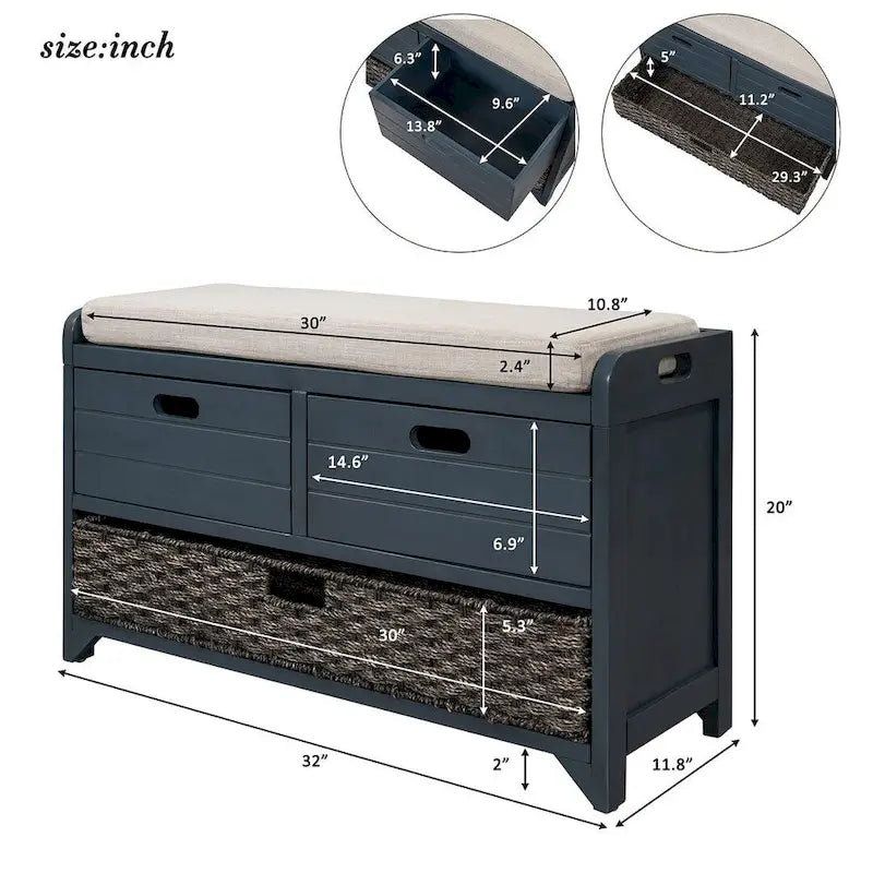 32 Farmhouse Versatile Entry Upholstered Storage Bench with 2 Drawers and Removable Basket