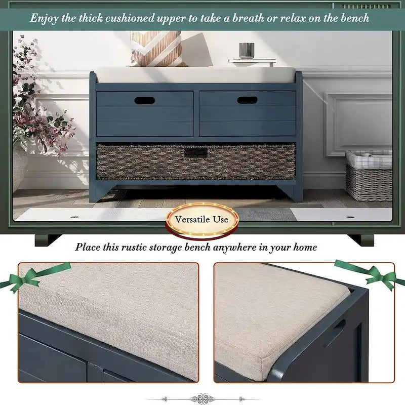 32 Farmhouse Versatile Entry Upholstered Storage Bench with 2 Drawers and Removable Basket