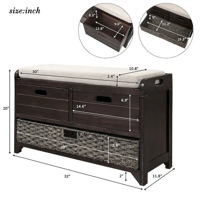 32 Farmhouse Versatile Entry Upholstered Storage Bench with 2 Drawers and Removable Basket