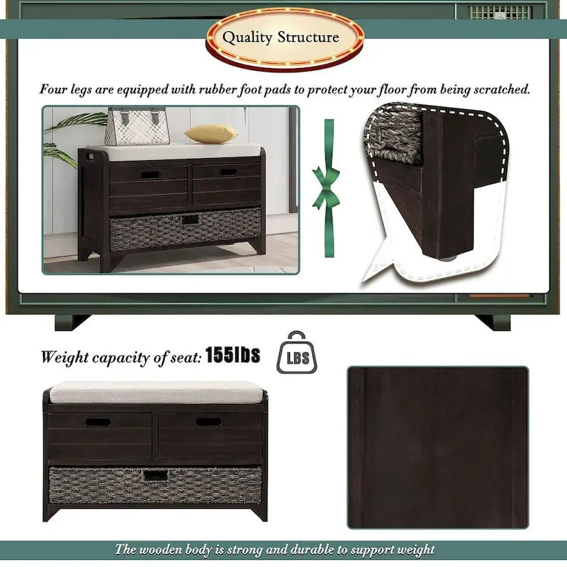 32 Farmhouse Versatile Entry Upholstered Storage Bench with 2 Drawers and Removable Basket