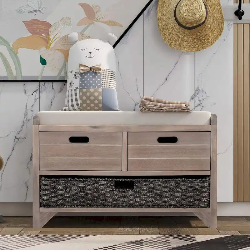 32 Farmhouse Versatile Entry Upholstered Storage Bench with 2 Drawers and Removable Basket