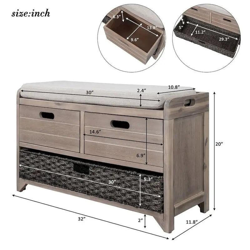 32 Farmhouse Versatile Entry Upholstered Storage Bench with 2 Drawers and Removable Basket