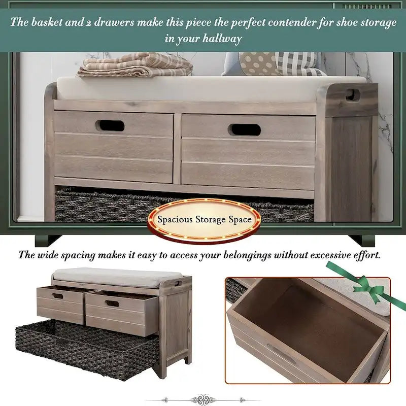 32 Farmhouse Versatile Entry Upholstered Storage Bench with 2 Drawers and Removable Basket