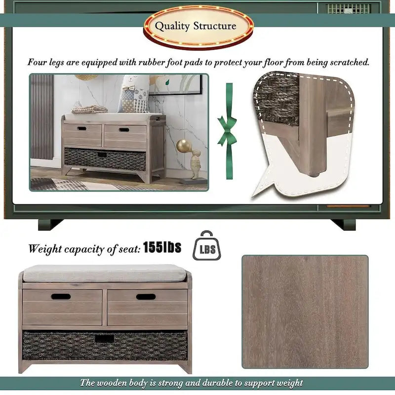 32 Farmhouse Versatile Entry Upholstered Storage Bench with 2 Drawers and Removable Basket