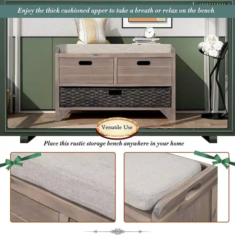 32 Farmhouse Versatile Entry Upholstered Storage Bench with 2 Drawers and Removable Basket