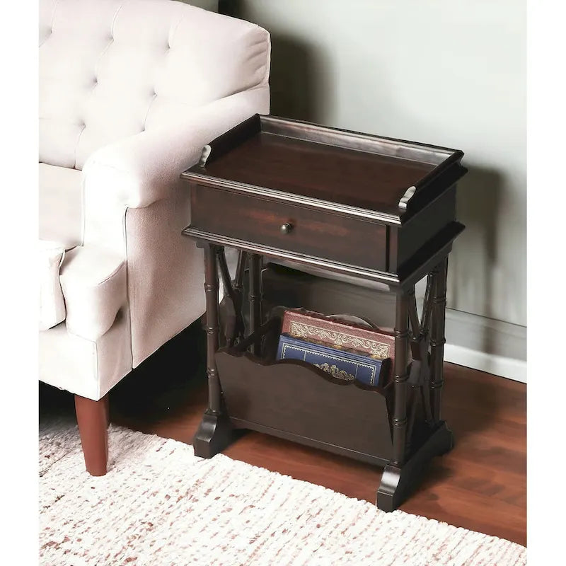 HomeRoots 24  Black Solid and Manufactured Wood End Table With Drawer And Shelf With Magazine Holder - 24