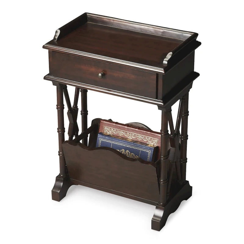 HomeRoots 24  Black Solid and Manufactured Wood End Table With Drawer And Shelf With Magazine Holder - 24