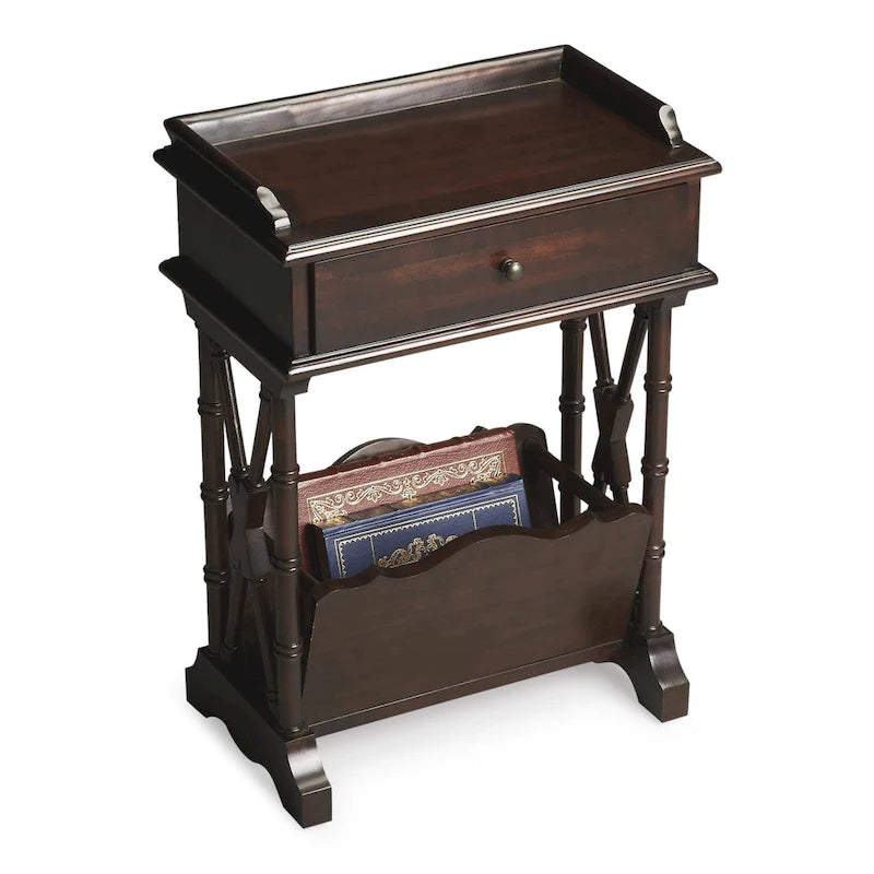 HomeRoots 24  Black Solid and Manufactured Wood End Table With Drawer And Shelf With Magazine Holder - 24