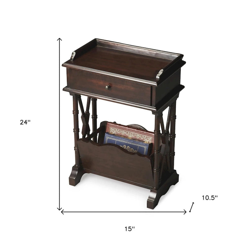HomeRoots 24  Black Solid and Manufactured Wood End Table With Drawer And Shelf With Magazine Holder - 24