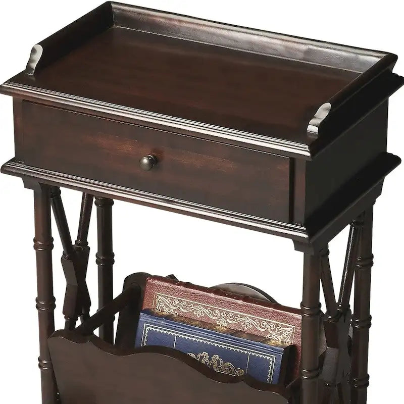 HomeRoots 24  Black Solid and Manufactured Wood End Table With Drawer And Shelf With Magazine Holder - 24