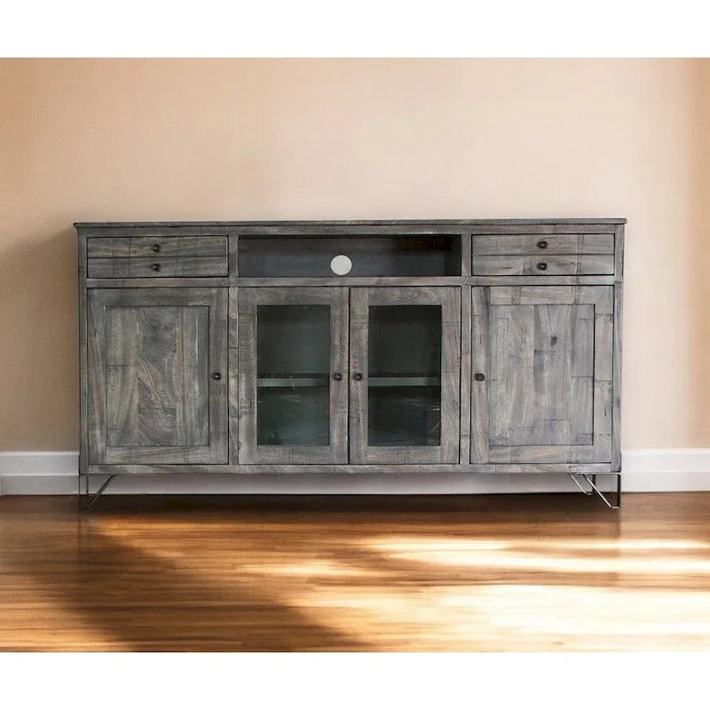 HomeRoots 70  Gray Solid Wood Cabinet Enclosed Storage Distressed TV Stand - 70' X '37.25' X '17.75