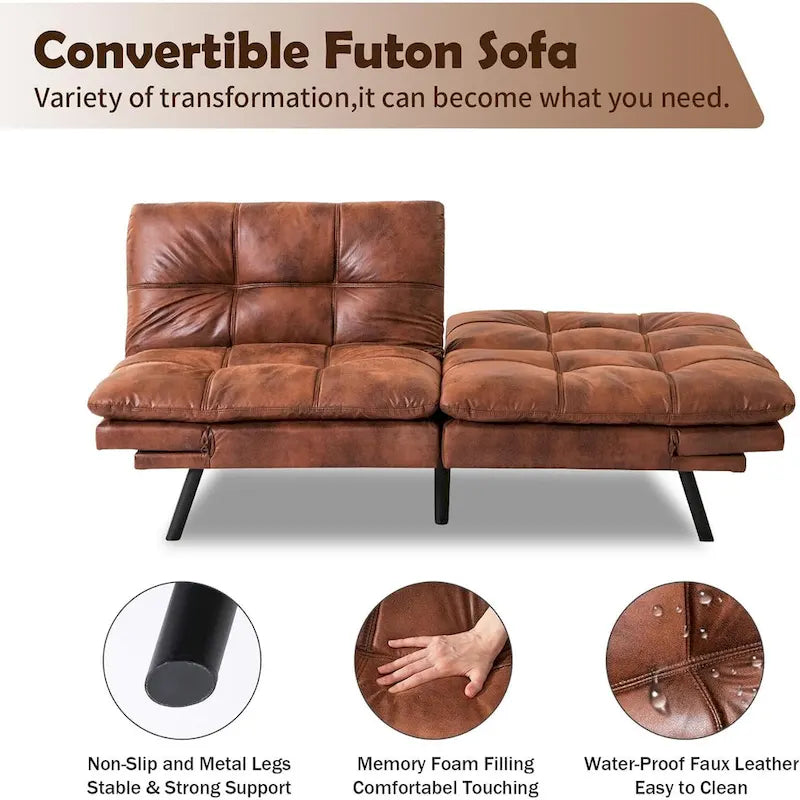 Faux Leather Sofa Memory Foam Loveseat Convertible Couch Bed