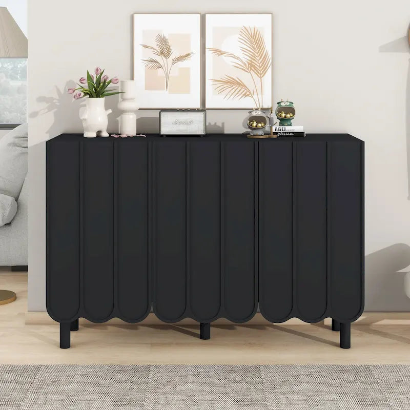 Cream Style Minimalist Shoe Cabinet with 5 Solid Wood Legs, Sideboard Buffet Cabinet with Adjustable Shelves
