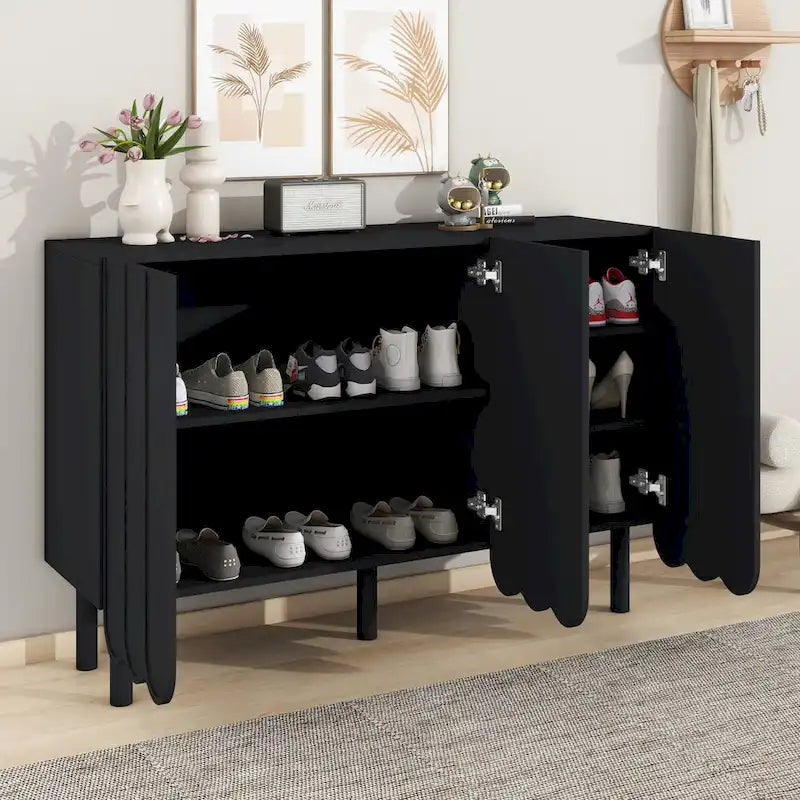 Cream Style Minimalist Shoe Cabinet with 5 Solid Wood Legs, Sideboard Buffet Cabinet with Adjustable Shelves