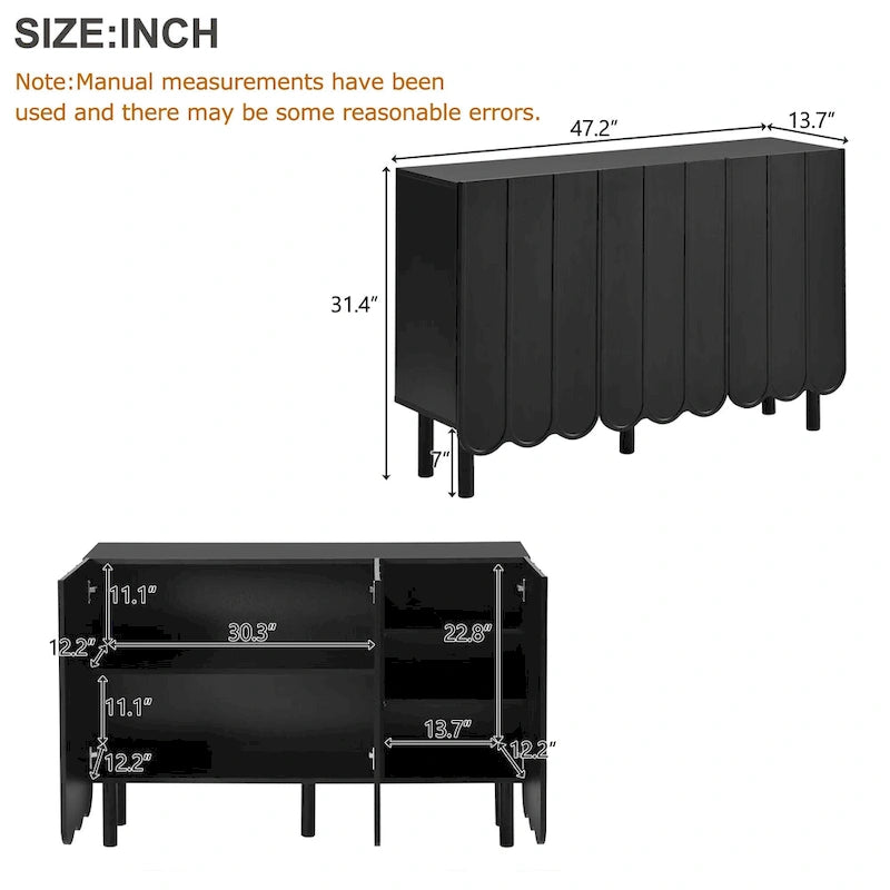 Cream Style Minimalist Shoe Cabinet with 5 Solid Wood Legs, Sideboard Buffet Cabinet with Adjustable Shelves