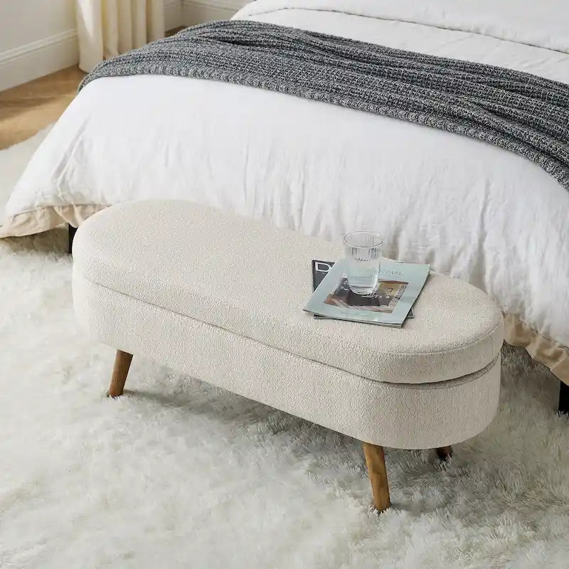 GDFStudio - Emma Linen Pleated Storage Ottoman Bench with Durable Rubberwood Legs