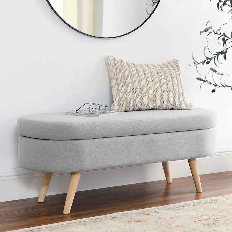 GDFStudio - Emma Linen Pleated Storage Ottoman Bench with Durable Rubberwood Legs