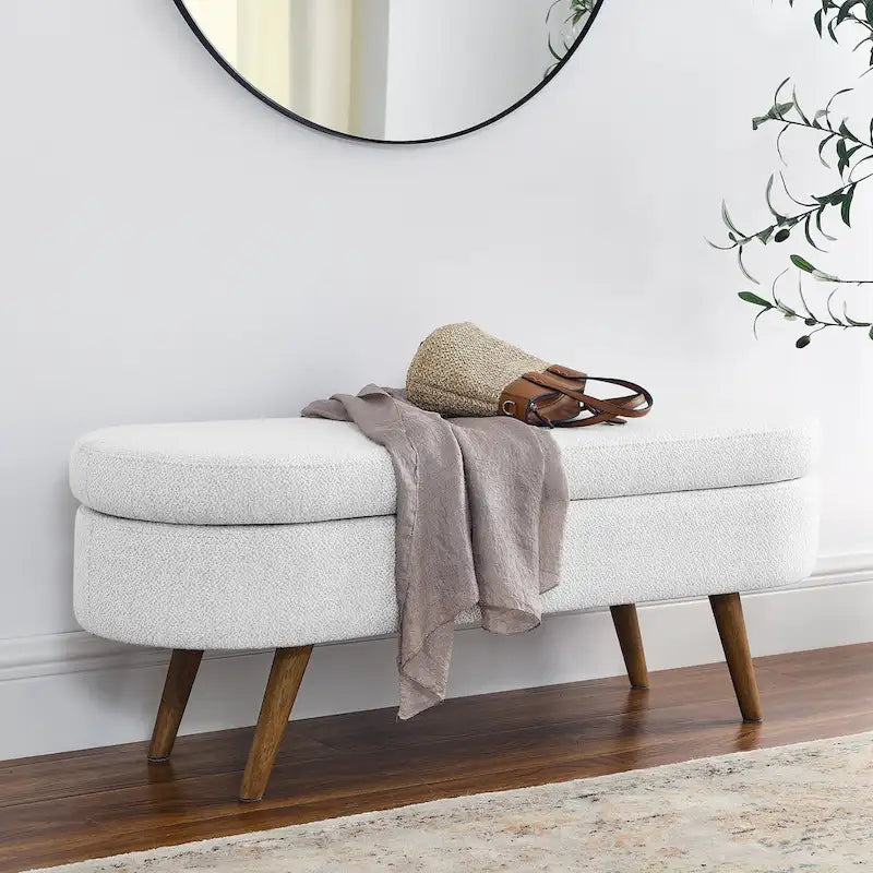 GDFStudio - Emma Linen Pleated Storage Ottoman Bench with Durable Rubberwood Legs