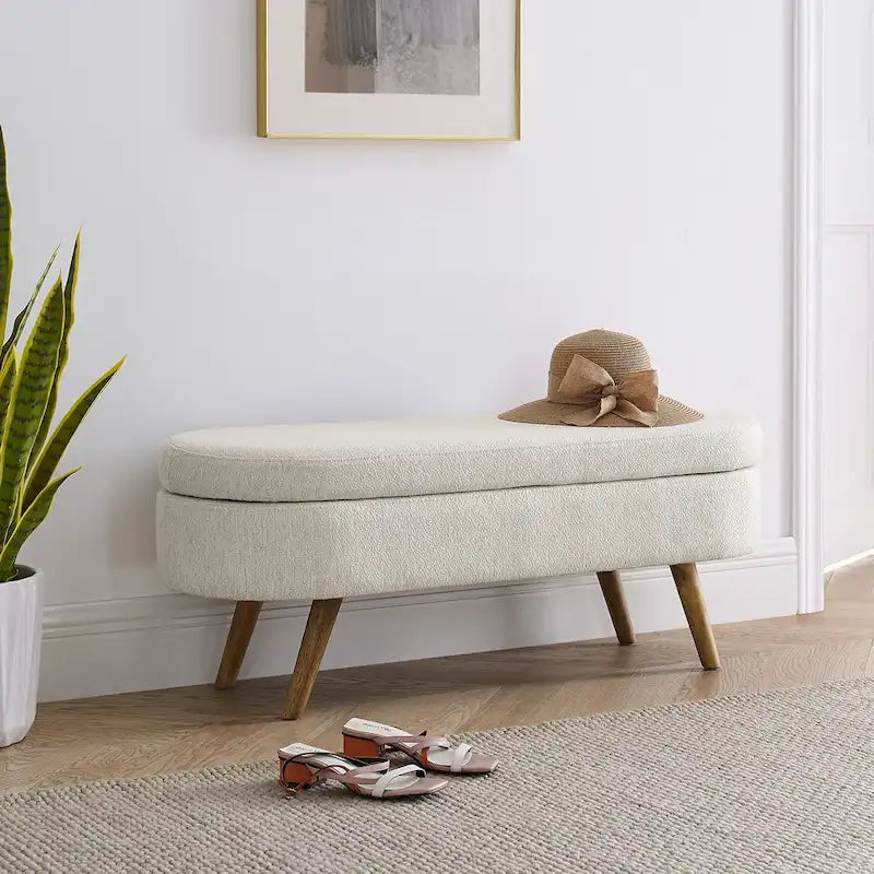 GDFStudio - Emma Linen Pleated Storage Ottoman Bench with Durable Rubberwood Legs