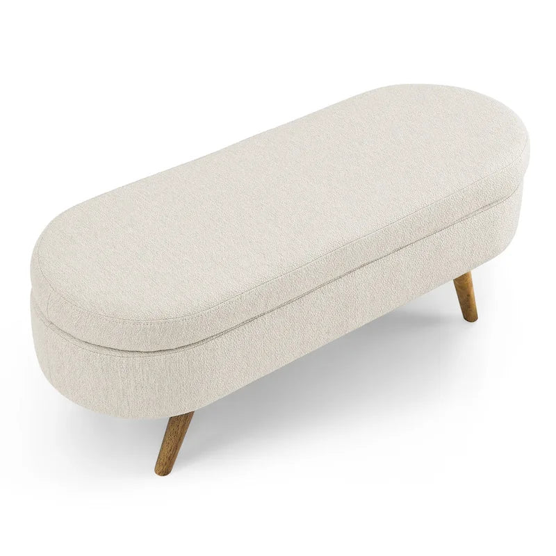 GDFStudio - Emma Linen Pleated Storage Ottoman Bench with Durable Rubberwood Legs