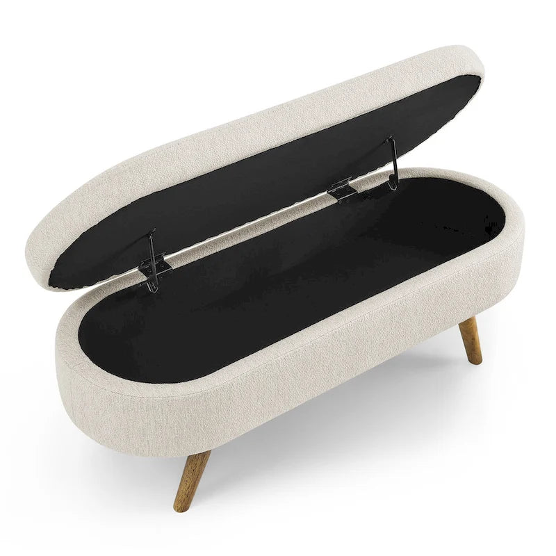 GDFStudio - Emma Linen Pleated Storage Ottoman Bench with Durable Rubberwood Legs