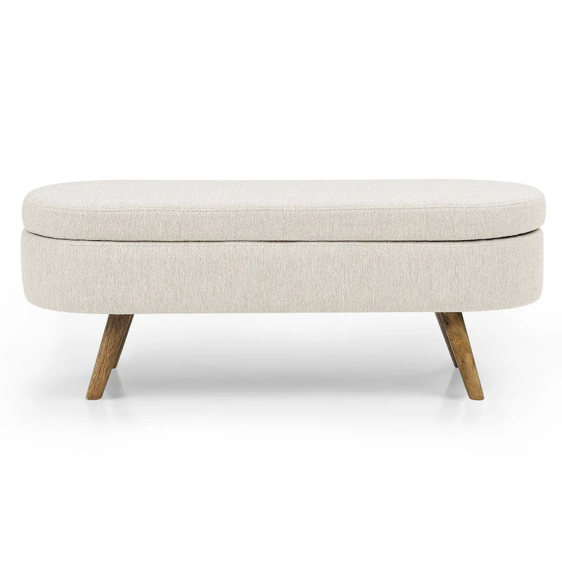 GDFStudio - Emma Linen Pleated Storage Ottoman Bench with Durable Rubberwood Legs