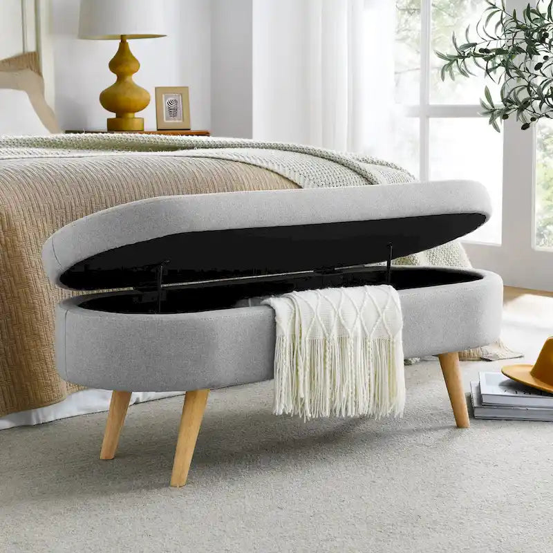GDFStudio - Emma Linen Pleated Storage Ottoman Bench with Durable Rubberwood Legs