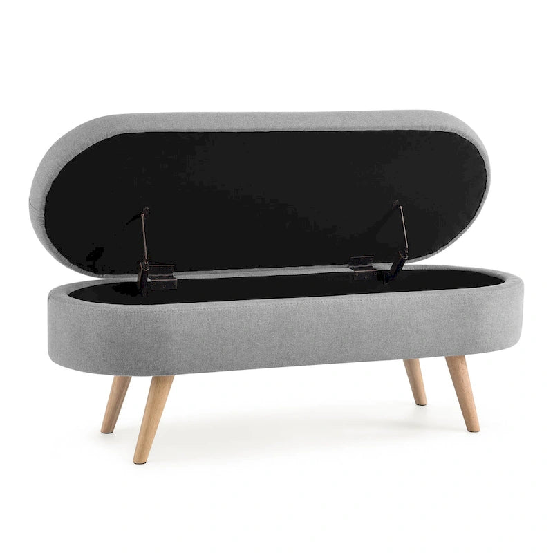 GDFStudio - Emma Linen Pleated Storage Ottoman Bench with Durable Rubberwood Legs