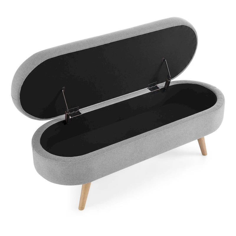 GDFStudio - Emma Linen Pleated Storage Ottoman Bench with Durable Rubberwood Legs