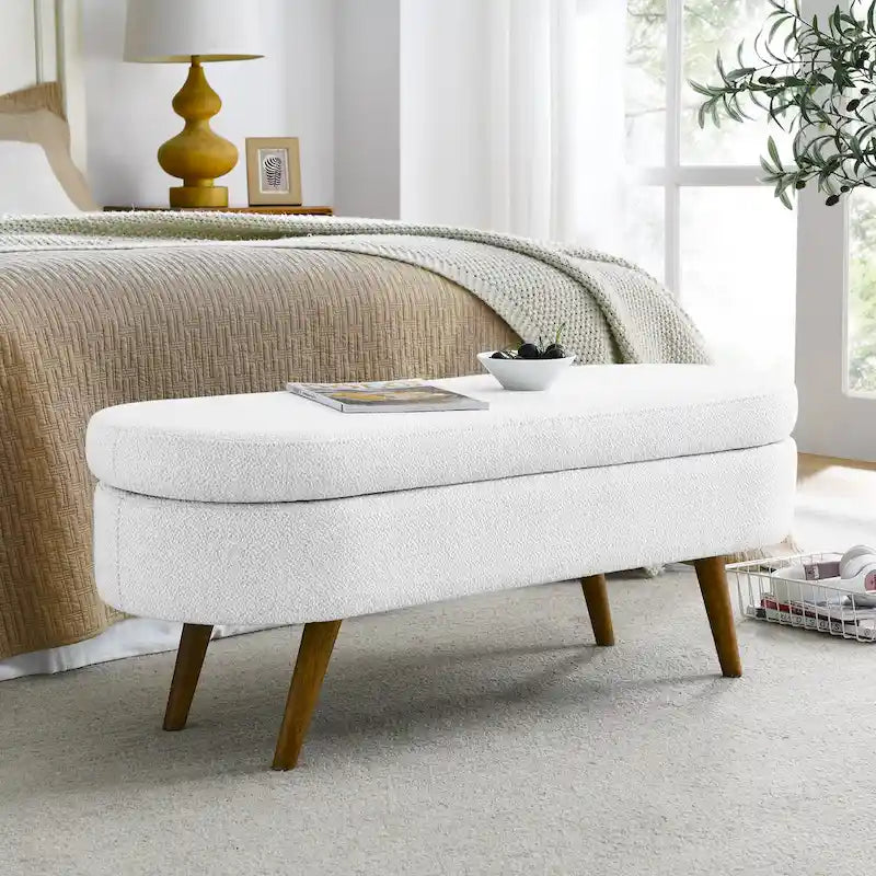 GDFStudio - Emma Linen Pleated Storage Ottoman Bench with Durable Rubberwood Legs