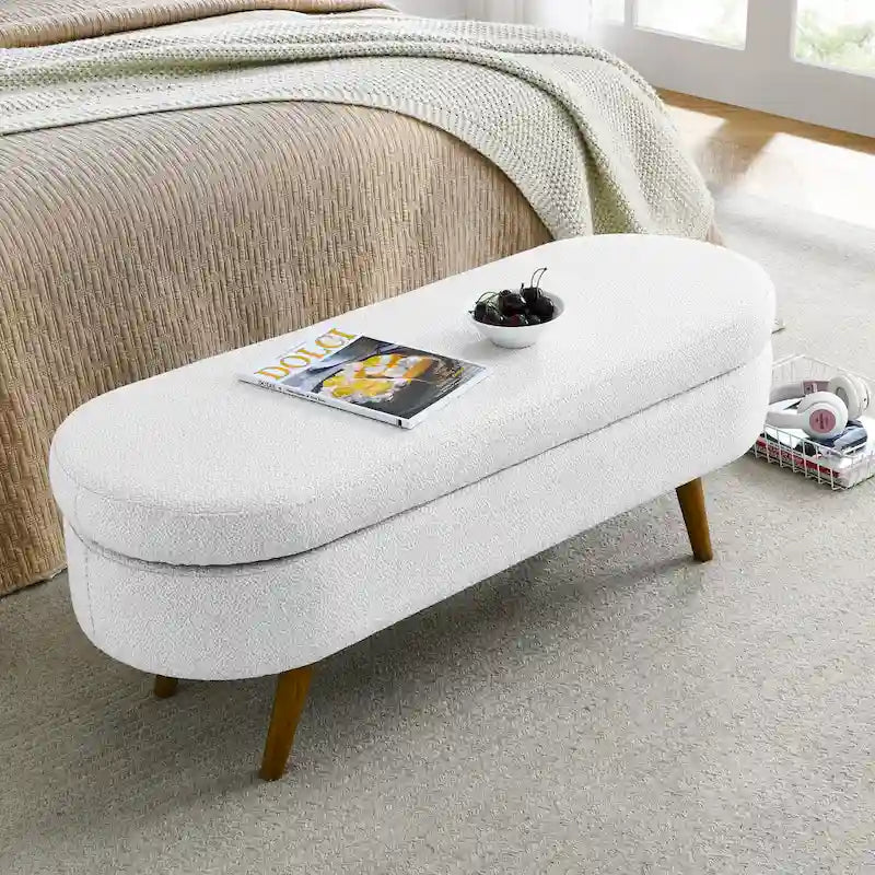 GDFStudio - Emma Linen Pleated Storage Ottoman Bench with Durable Rubberwood Legs