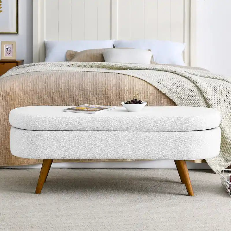 GDFStudio - Emma Linen Pleated Storage Ottoman Bench with Durable Rubberwood Legs
