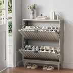 Fluted Shoe Cabinet for Entryway, Slim Shoe Storage Cabinet with 2 Flip Drawer and Solid Wood Legs Narrow Shoe Organizer