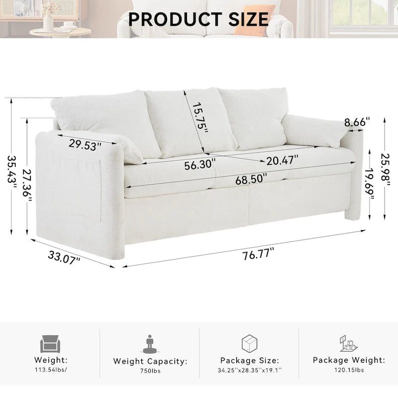 3-Seater Sofa 77  Chenille Couch - Plush Triple Seater Sofa with High-Density Foam Cushions, Deep Seat Living Room Couch