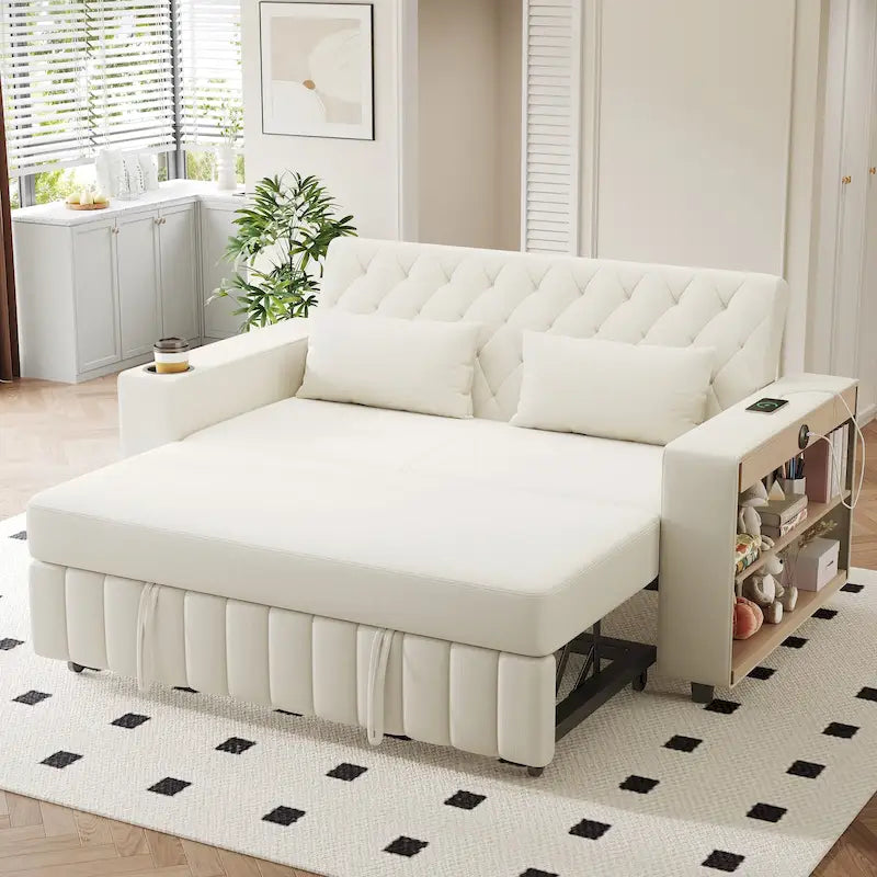Transformable Chenille Fabric Sofa Bed with Adjustable Tufted Backrest, USB Ports, and Ample Storag
